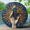 Olho Grego de Lata Arte de Parede Pena Azul Artesanal Dourado Antigo Decoração Elegante