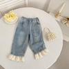 Girls' Sweet Korean Style Lace-Trim Elastic Waist Jeans