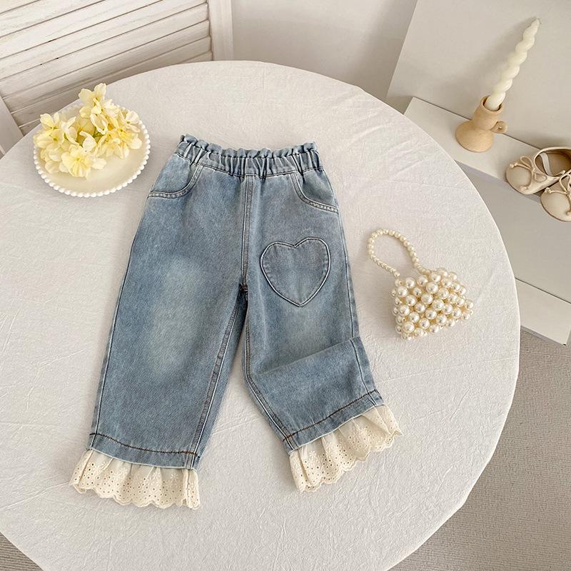Girls' Sweet Korean Style Lace-Trim Elastic Waist Jeans