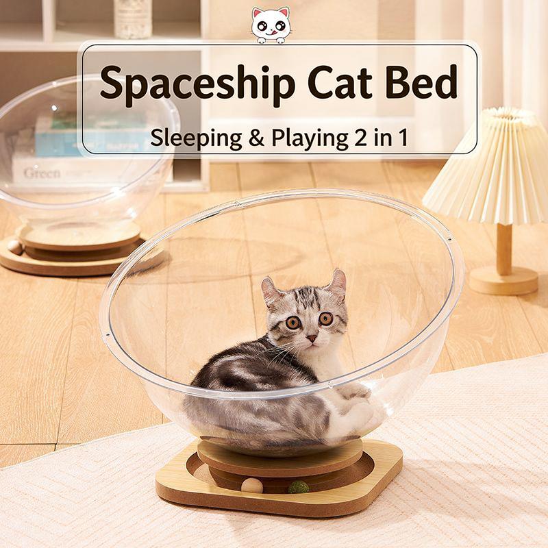 Cat House Cat Condo Space Capsule Cat Nest Pet Bed Cat Bed Cat Toys Solid Wood Acrylic Turntable