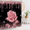 Pink Glitter Rose Shower Curtain and Rug Bathroom Set Floral Pink Glitter Shower Curtains Bath Mat Bathroom Decor with Hooks