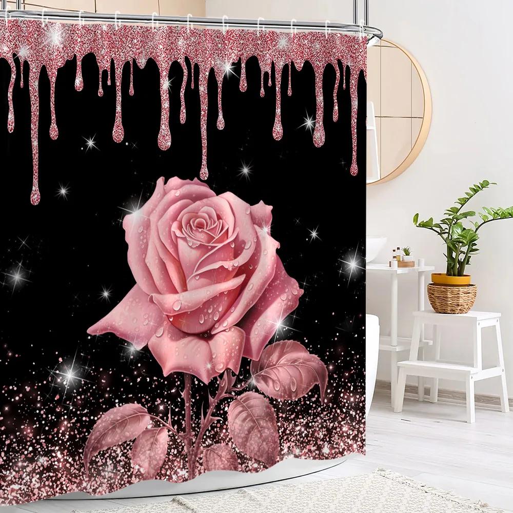 Pink Glitter Rose Shower Curtain and Rug Bathroom Set Floral Pink Glitter Shower Curtains Bath Mat Bathroom Decor with Hooks