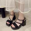 Fashion Comfort Shoes for Women Pearl Sandals Fashion Chunky Suit Female Beige Increasing Height Block Heels All-Match Black Bow 2025