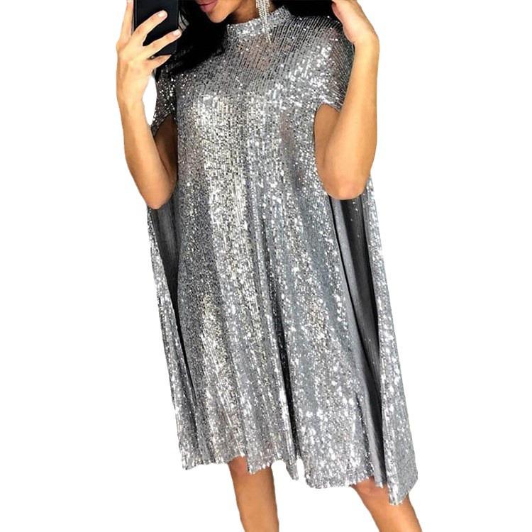 Spring European & American Stand Collar Sequin Dress - Loose Fit Women's Wear