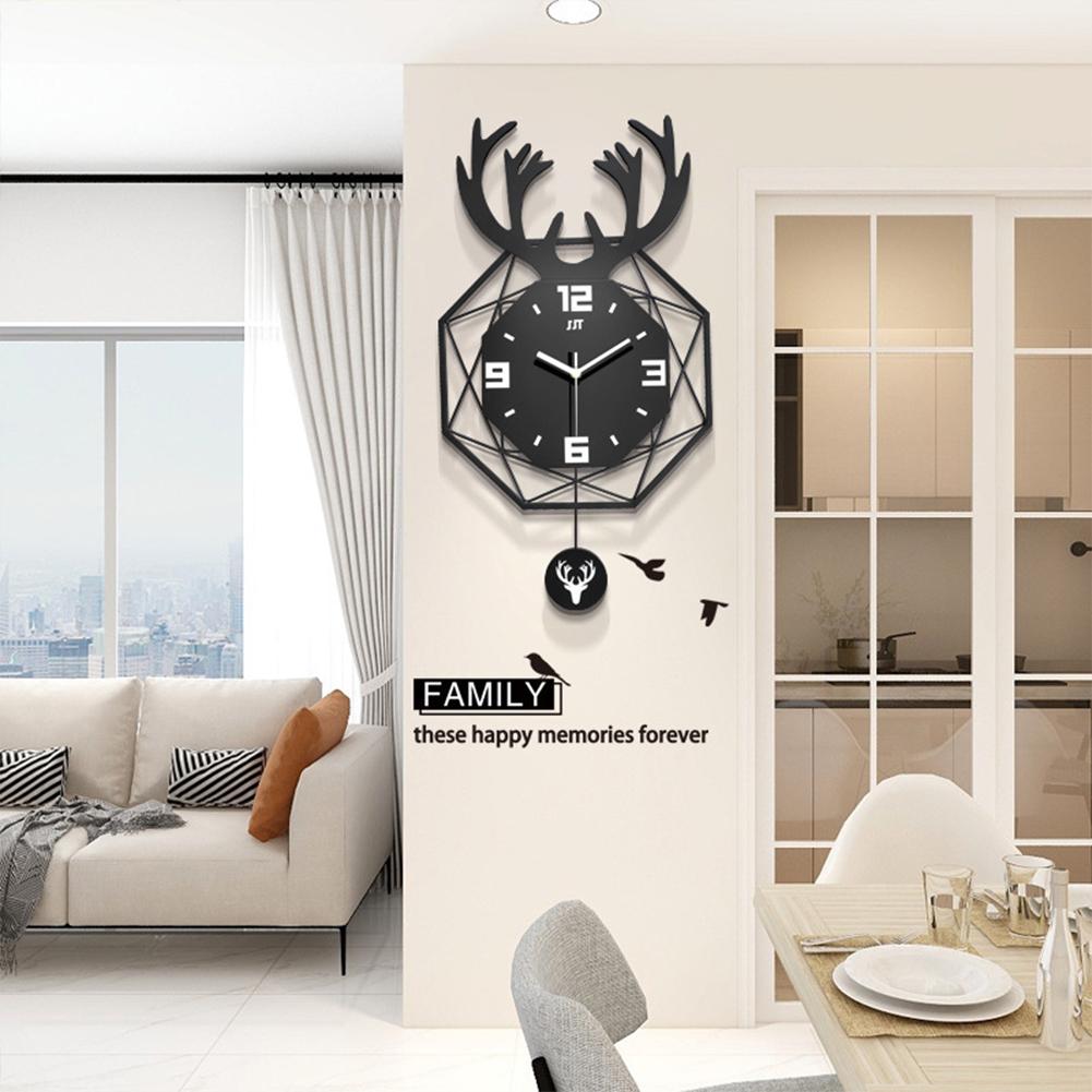 Nordic Style Deer Head Wall Clock Silent Movement Wood Wrought Iron Double layer Design For Household Living Room Decoration