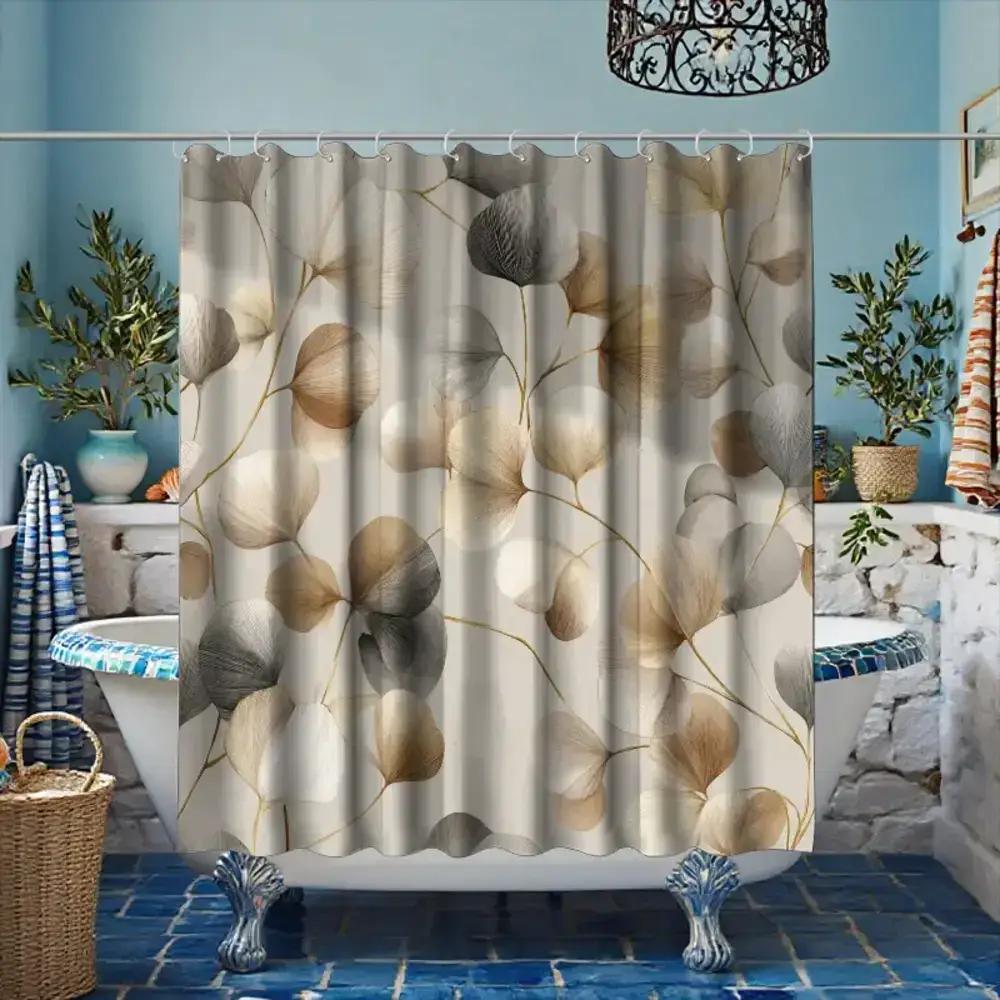 

A Bathroom Shower Curtain Featuring Autumn Leaves Design, Includes 12 Hooks, Measuring 180*180Cm, Perfect For Home Decor. W60H190(CM)-1 Pcs
