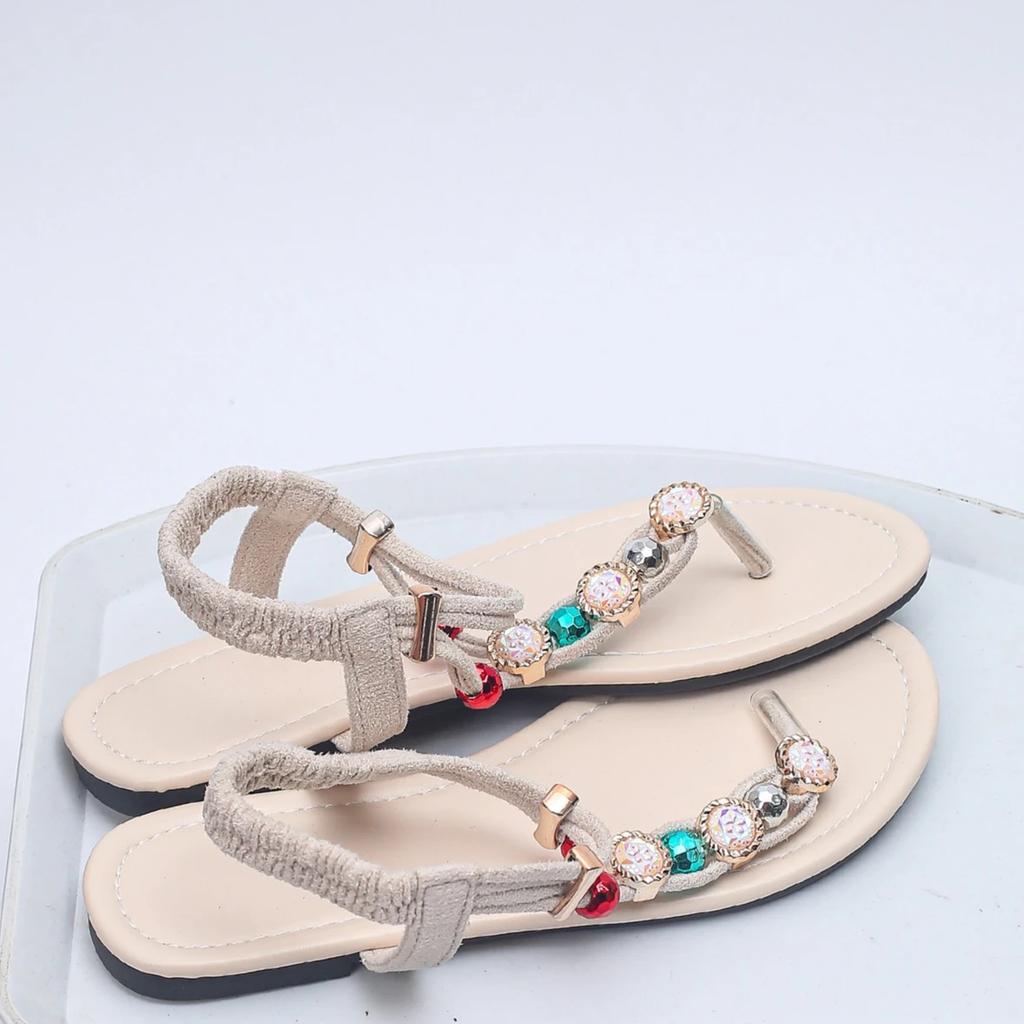 Fashion Retro Bohemian Black Girls Big Pearl Low Sandals 2025 Summer Comfort Shoes for Women Beach Sandals Suit Female Beige Large Size