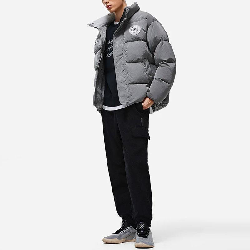 Li-Ning Tan Yinhua Stand Collar Water-Resistant Warm Loose Short Down Jacket Men Outerwear Mixed River-Stone-Gray AYMT165-1