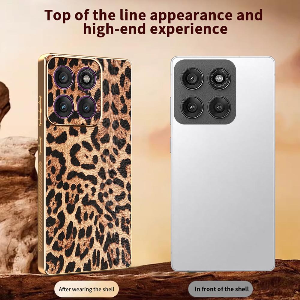 For Motorola Edge 60 Pro 5G Case Leopard Print PU Leather Coated PC + TPU Electroplating Phone Cover