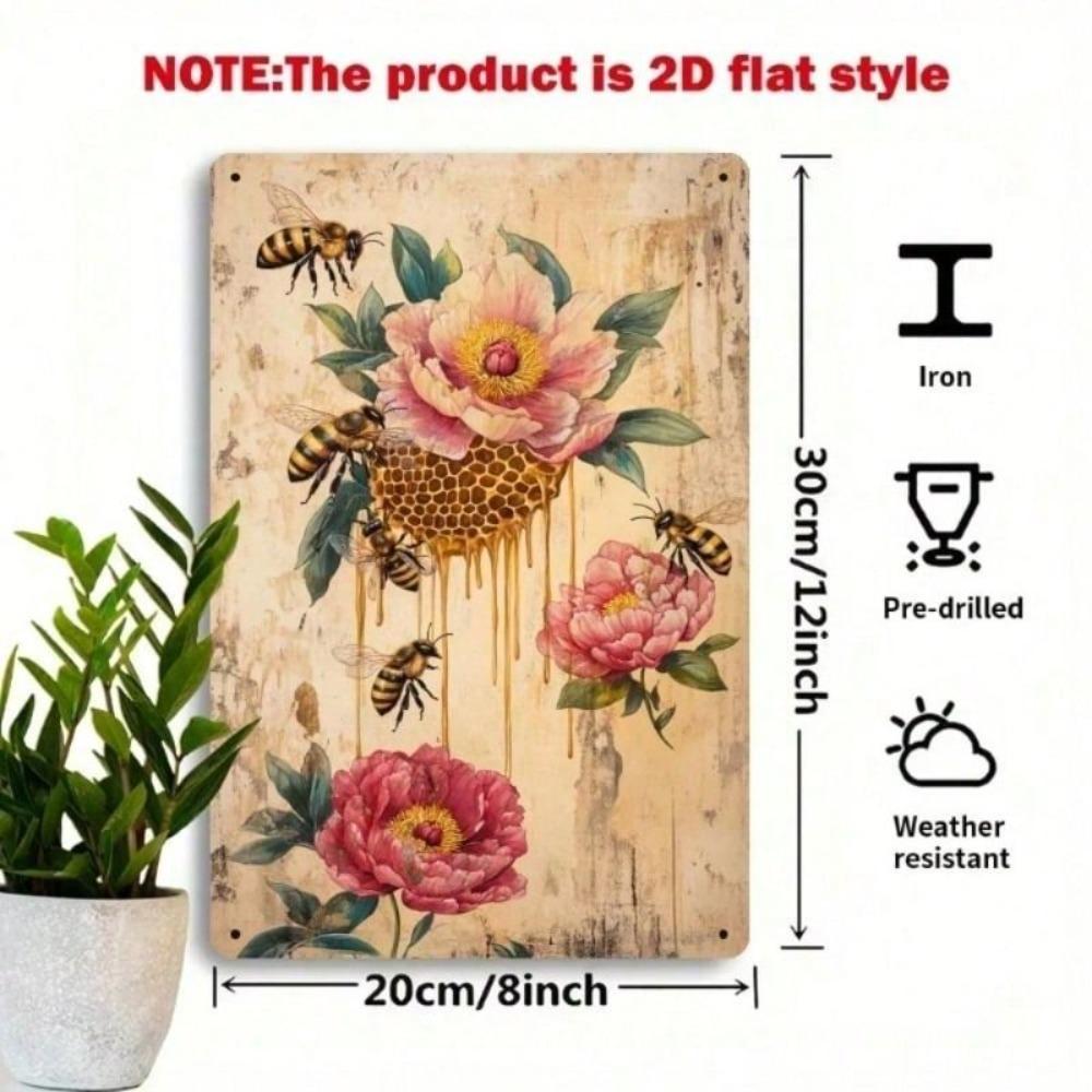 Vintage Peony Bee Metal Wall Art, Retro Tin Sign for Home, Garden, Garage Decor
