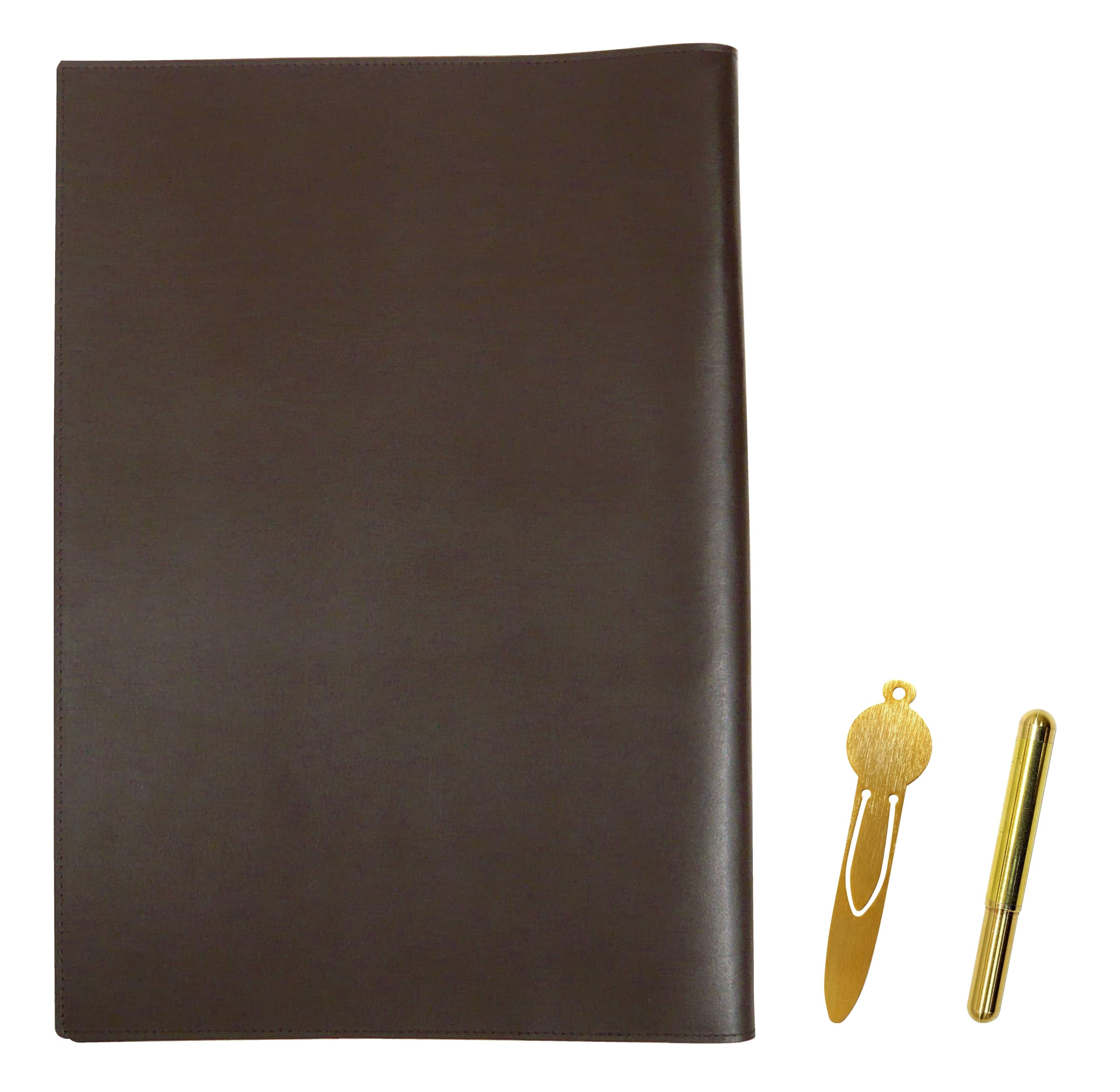 

Коричневая обложка для книги и блокнота формата А4 из переработанной коровьей кожи с металлической закладкой и набором шариковых ручек из латуни «пуля» на 2023 год, на винтовой крышке (NKK01-A4-014C-EGS2023). золотой