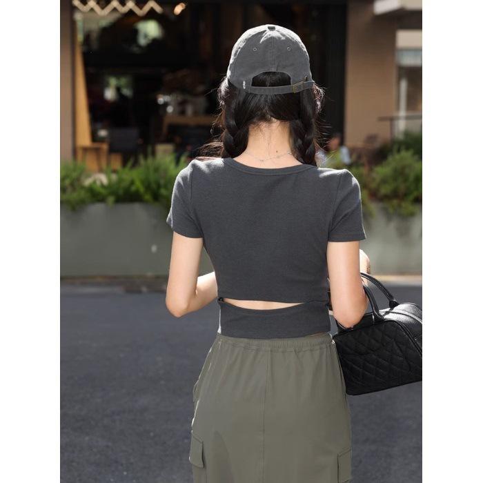 

Spice girl design scheming backless tight short-sleeved t-shirt women s summer new slim sexy top women s short ins 2XL сірий колір