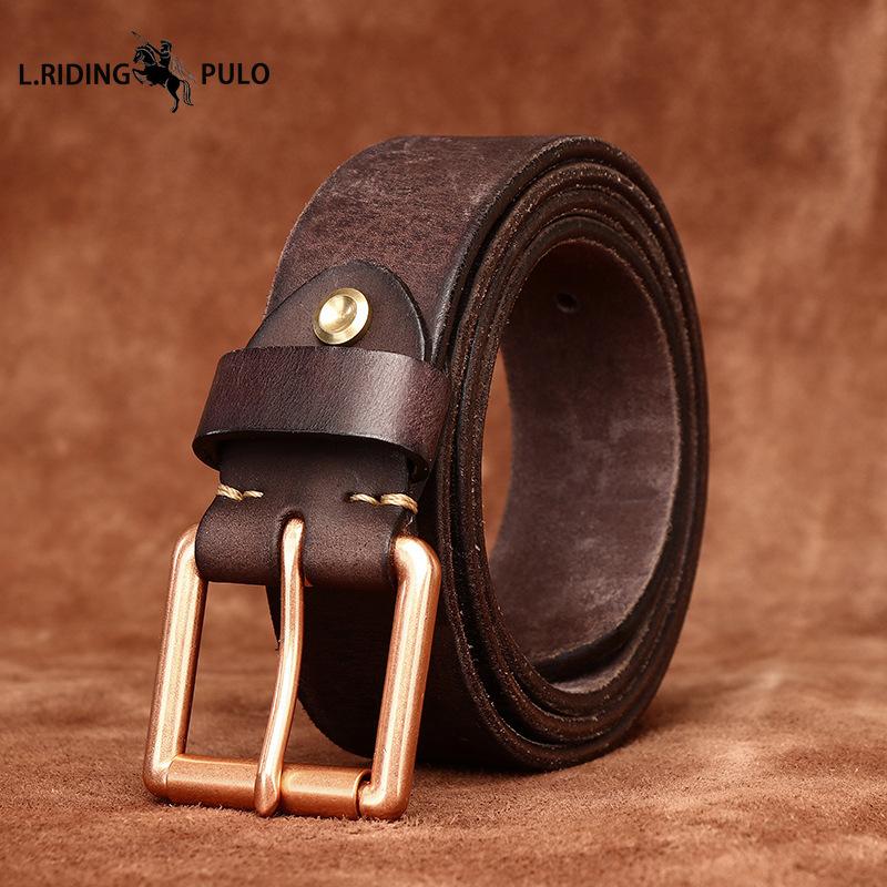 Heavy-duty Washed and Distressed Thickened Top-grain Cowhide Men's Leather Belt, American Retro Style Genuine Leather with Copper Buckle