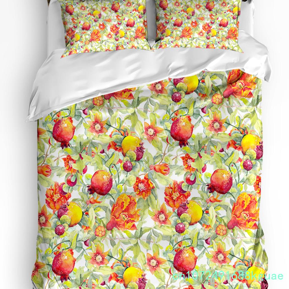 Sommerfrucht Roter Granatapfel Grünes Blatt Bettbezug mit Kissenbezug Kundenspezifisches 3-teiliges Bettwäscheset Steppdeckenbezug Doppelbett Heimtextil