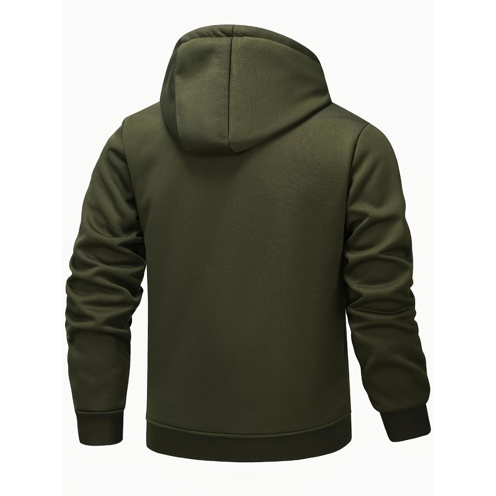 Geacă cu glugă căptușită confortabilă pentru bărbați - Casual, culoare uni albastru, cu fermoar, glugă cu șnur, buzunar cu fermoar și închidere cu nasturi în față, îmbrăcăminte cu textură moale