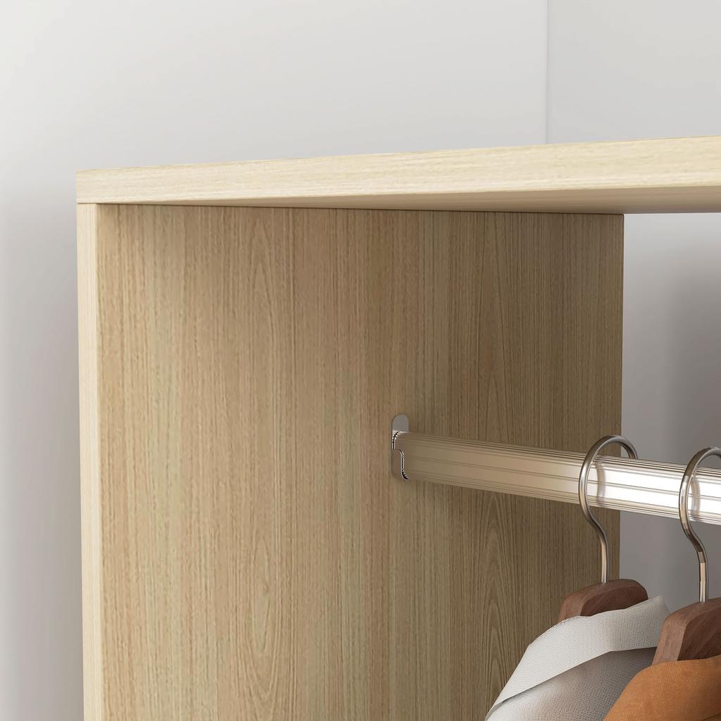 Wardrobe Closet Shelf 2 Compartments Wardrobe 4 Swivel Casters dim. 60L x 40W x 128H cm Natural Wood