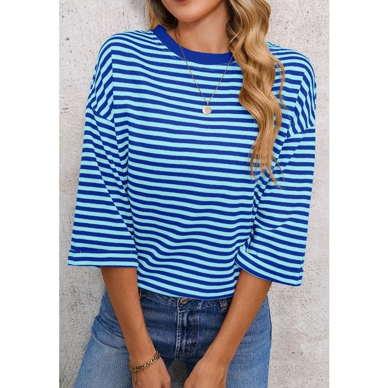 New Women's Round Neck Striped Back Tie Bow Pullover Knitted Top