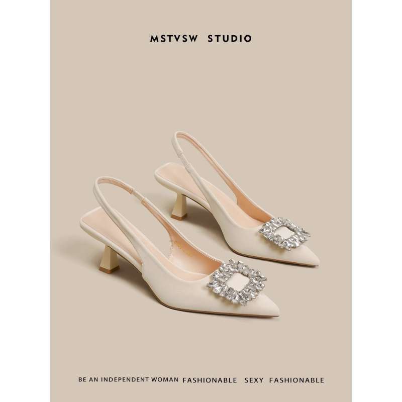 Baotou French high heels women's 2025 new temperament socialite Xiaoxiangfeng Baotou sandals rhinestone pointed single shoes women