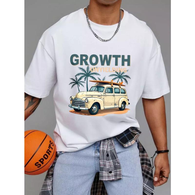 T-Shirt White Vintage Car with Surfboard and Palm Trees Growth Unyielding Print Casual Summer Wear