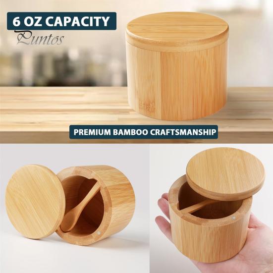Reusable Wooden Seasoning Box Wood Salt Container with Swivel Magnetic Lid, Built-in Spoon Decorative Spice Keeper Jar, Moisture Proof for Kitchen