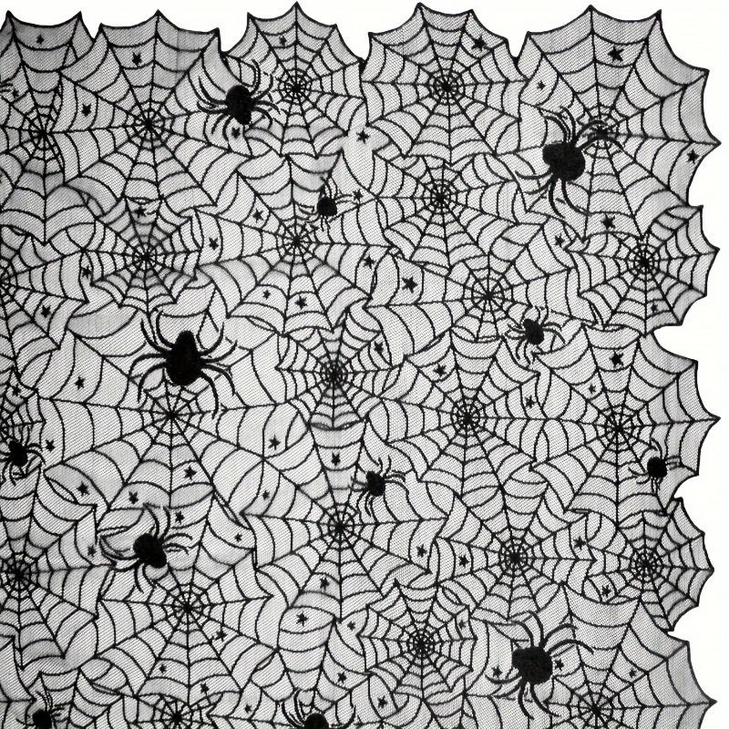 Halloween Spiderweb Tablecloth Black Lace Cobweb Decor with Spiders for Fireplace Mantle Kitchen Party Table Decorations