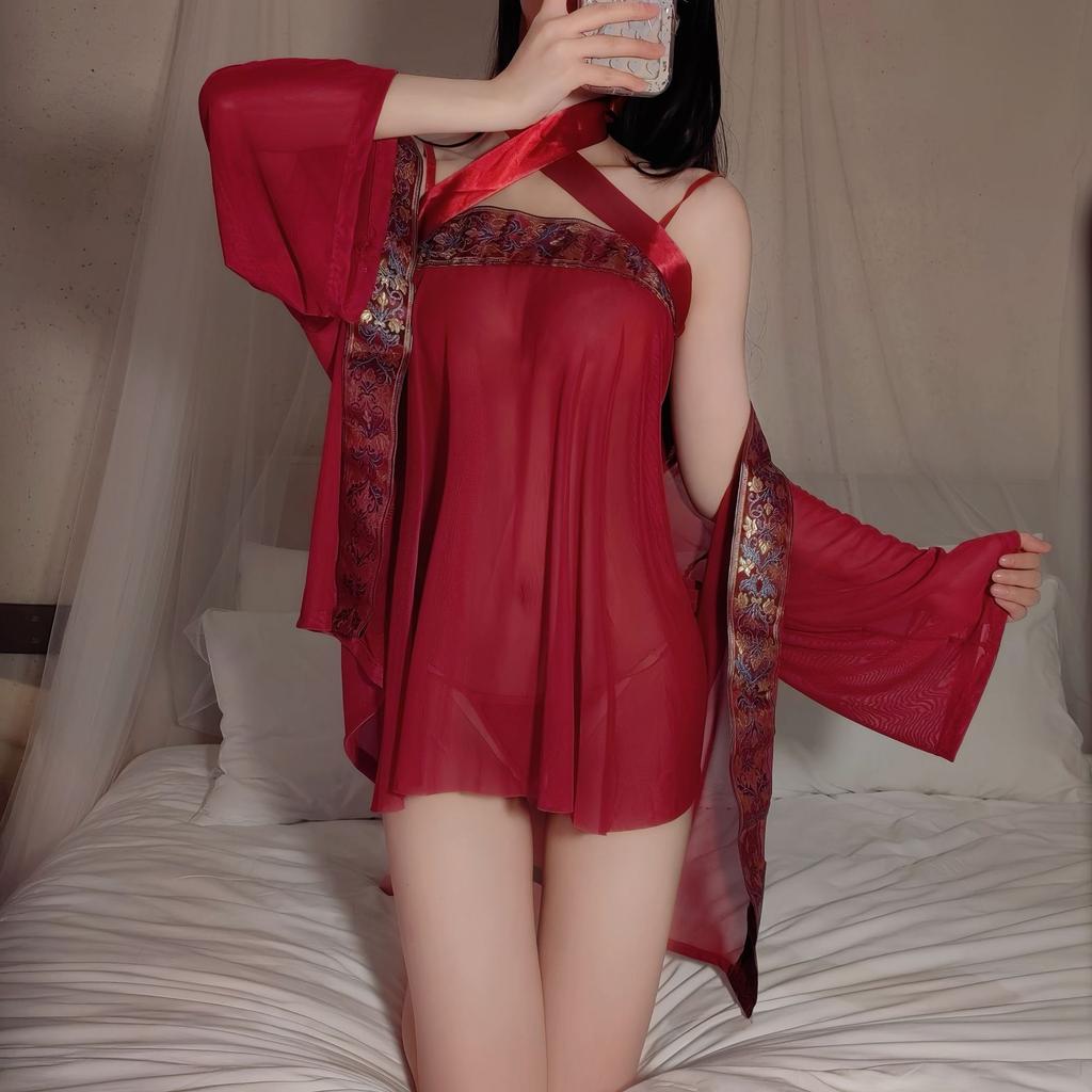Large Size Sexy Antique Hanfu Exotic Antique Sexy Underwear Uniform Perspective Mesh Sling Free Nightdress
