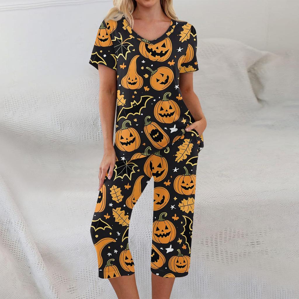 Dvoudílné soupravy pro ženy Krátký rukáv Top a Kalhoty s kapsami Cvičení Měkké Halloweenský potisk Soupravy