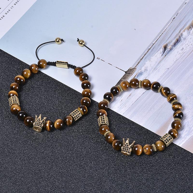 Natural Tiger Eye Stone Crown Bracelet, Natural Stone Copper Micro Inlaid with Zircon, Hexagonal Elastic Bracelet