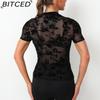 BITCED Women's O-Neck Sexy Stretch Mesh Sheer T-Shirt Top