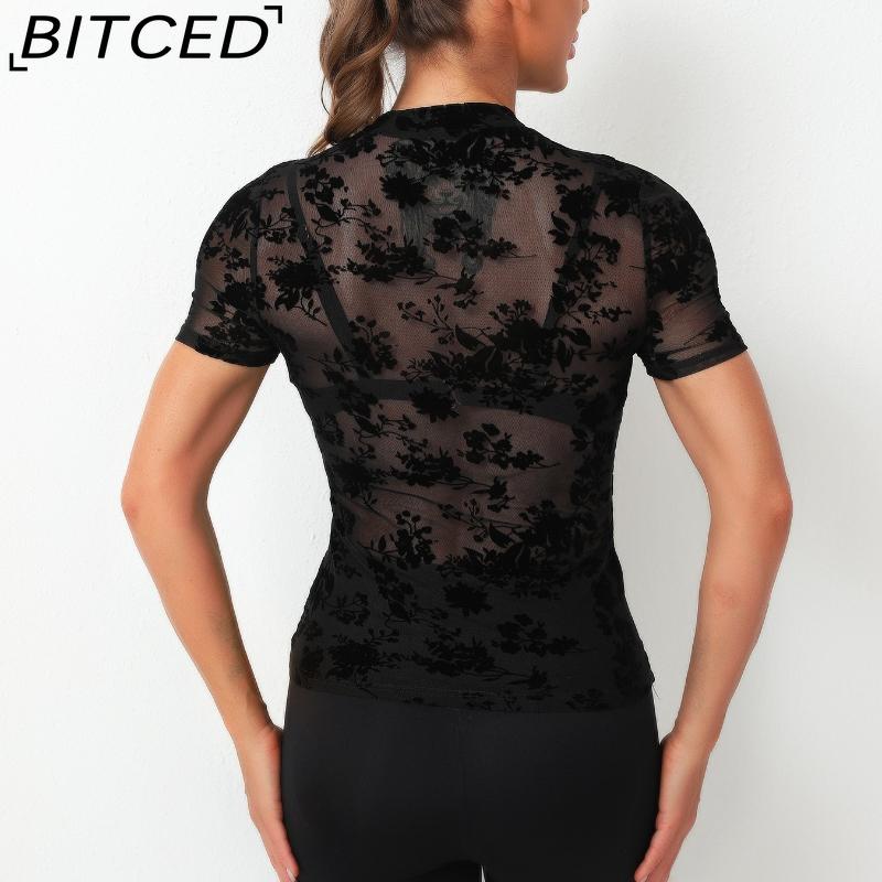 BITCED Women's O-Neck Sexy Stretch Mesh Sheer T-Shirt Top