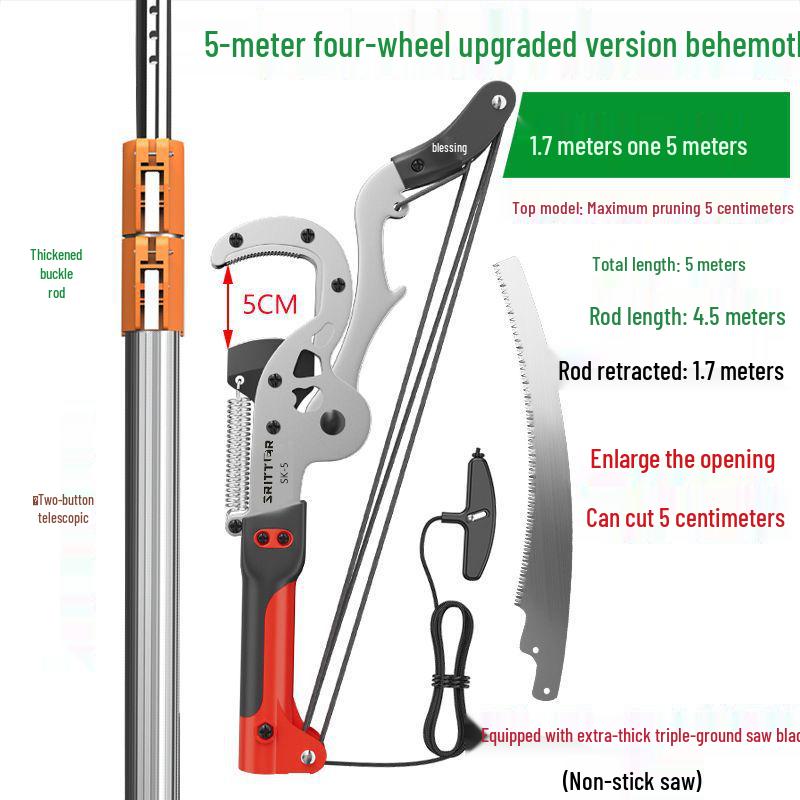 Aluminum Alloy Telescopic Pole and Pruner with High Branch Saw for Tree Pruning.
