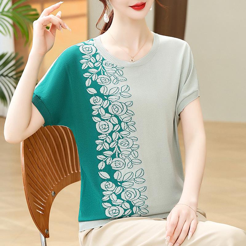 Elegant Summer Ice Silk Knit Short-Sleeve Round Neck Plus Size Top XL (for 100-110 jin)