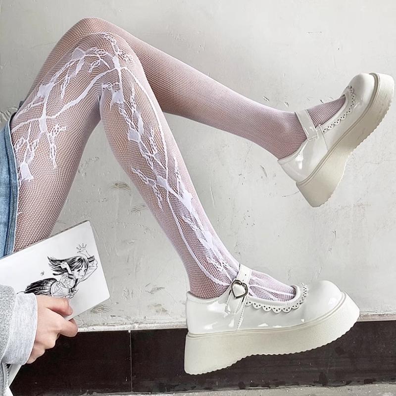 Japanese Style JK Lace Vine Print Fishnet Stockings Lolita Cosplay Sweet White Tights Women Sexy Thin Hollow Out Slim Pantyhose