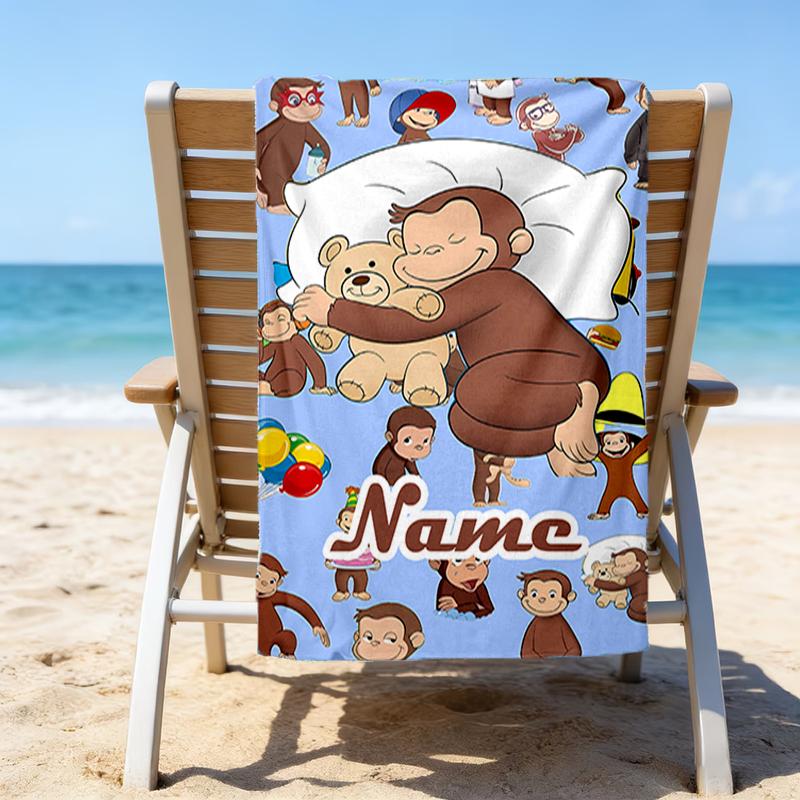 1pc Curious George2 Beach Towel with Custom Name, Beach/Swimming/Bath/Picnic/Camping Towel, Suitable for Seaside Beaches