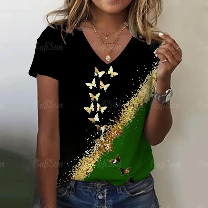 

Літня нова жіноча футболка з 3d квітковим принтом і V-подібним вирізом, коротким рукавом, модні футболки великих розмірів для жінок, жіноча футболка Y2k 5XL