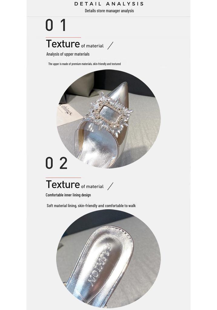 2023 Summer Rhinestone Stiletto Heels: Pointed Toe, Slip-on, Square Buckle, Closed-toe Sandals