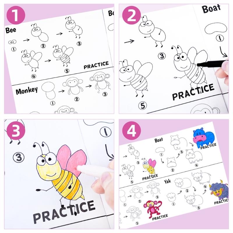 Schritt-für-Schritt-Zeichnungsbuch Lieblich Pädagogisch Frühes Lernen Essen Tier-Themen Malbuch Einfach zu Zeichnen