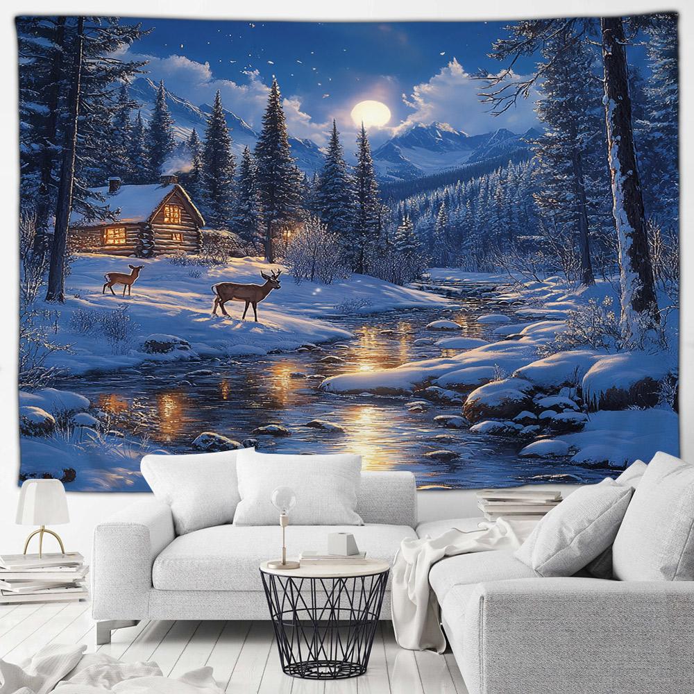 Winter Forest Elk Tapestry Farmhouse Stream Snowy Animal Nature Landscape New Year Christmas Home Living Room Decor Wall Hanging