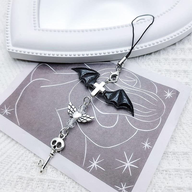 Y2K Mobile Phone Charm Strap Chain Keychain Cool Girl Gothic Dark Demon Bat Wings Skull Lanyard Pendant For iPhone For Samsung