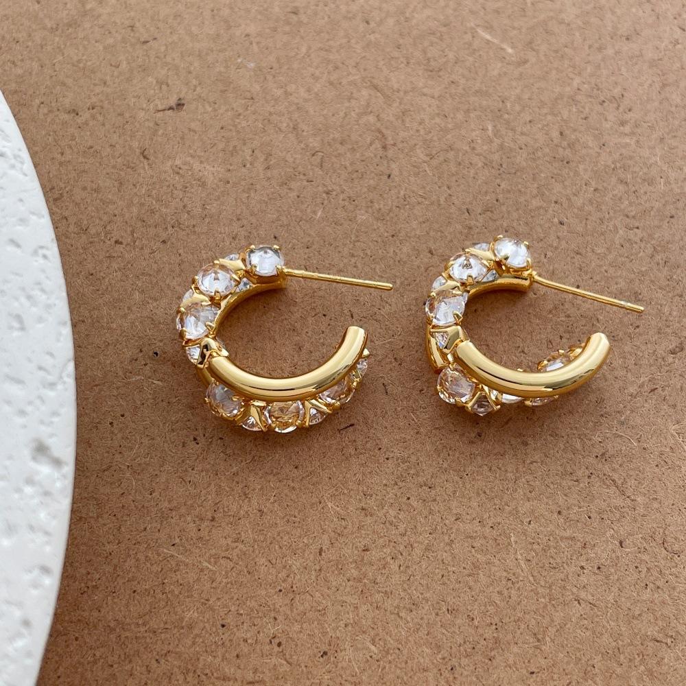 

Real Gold Silver Plated Copper Party Every Day Jewelry Delicate Shiny Rhinestones Twisted C Shape Hoop Earrings for Women