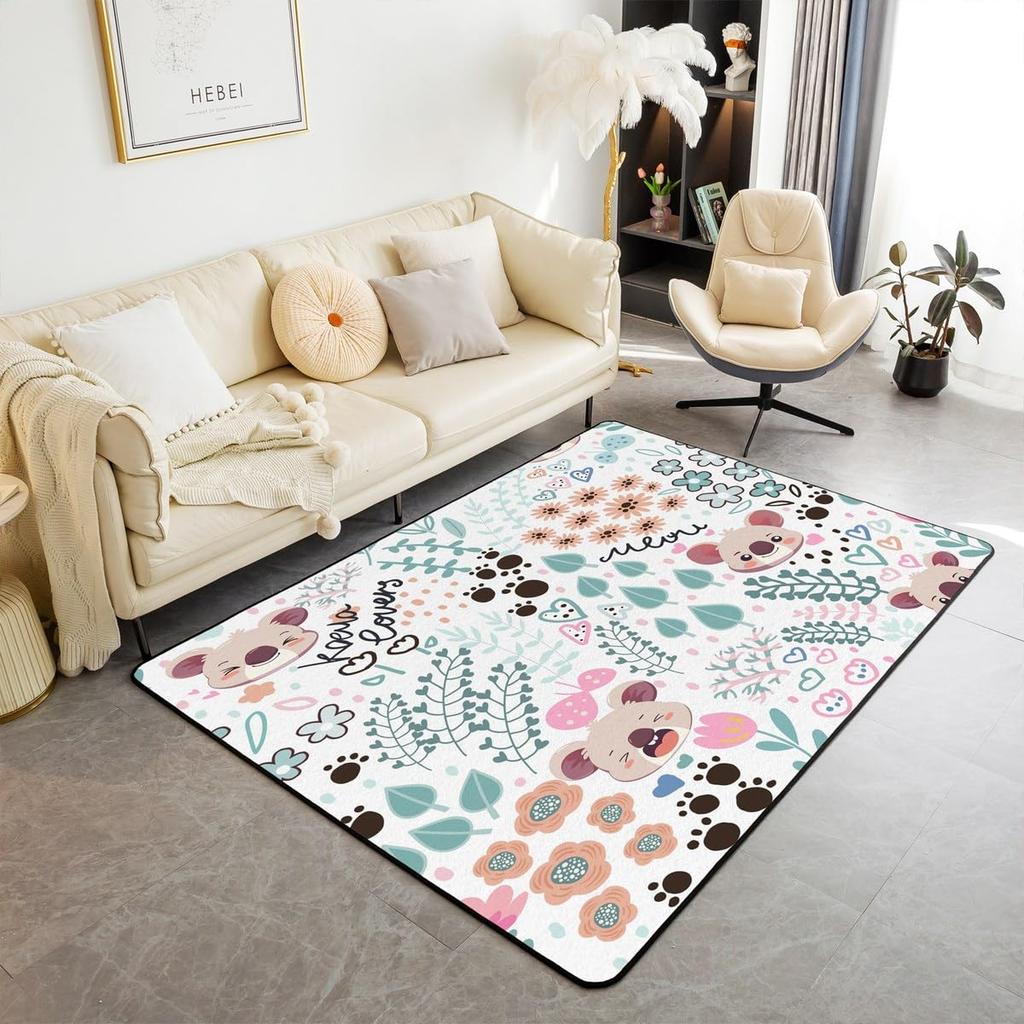 Cartoon Koala Area Rug Kawaii Wild Animal Carpet Flower Floor Mat for Bathroom Living Room Backyard Non Slip Entrance Doormat