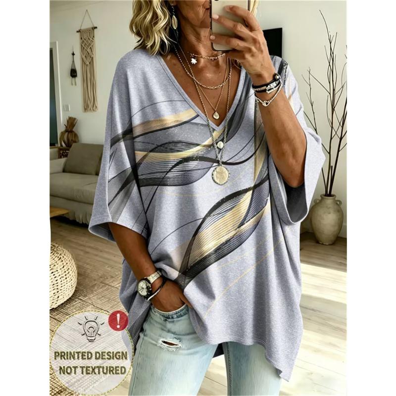 Printed Plus-Size Women's V-Neck Batwing Sleeve T-Shirt Bohemian Ethnic Print Loose Top Summer Comfortable Breathable Daily Commute Casual