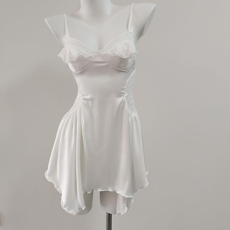 

Good Morning with You Green Tea French Sexy Lace Ribbon Chest Pad Slip Nightdress Ice Silk Satin Pure Desire Style Pajamas White 165(L)