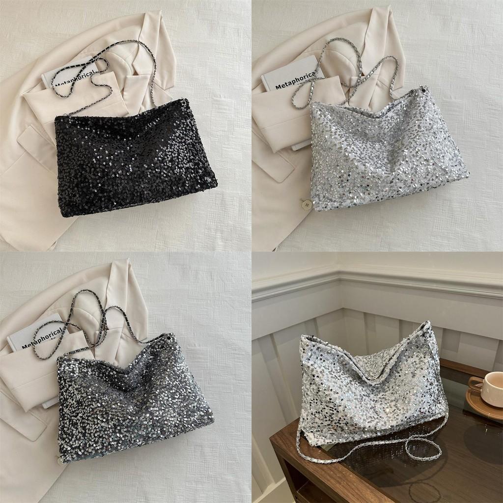 Stylish Korean Style Large Capacity Chic Chain Tote Bag For Women In Black White Silver