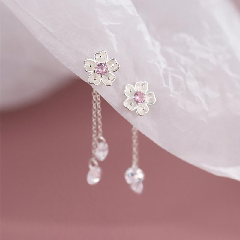 Real 925 Silver Zircon Flower Chain Tassel Mini Stud Earrings For Women Classic Fine Jewelry Light Luxury Accessories