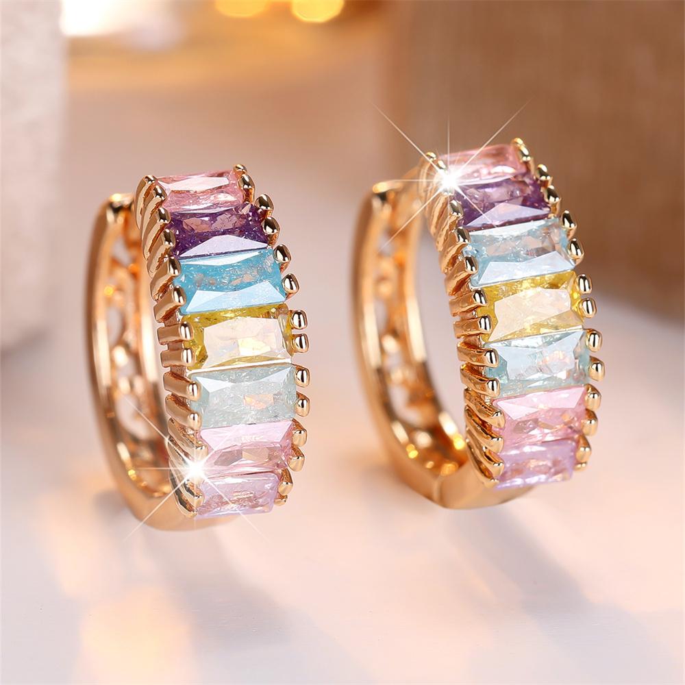 Square Stone Multicolor Ice Flower Zircon Hoop Earrings For Women Vintage Gold Color Ear Buckle Wedding Jewelry Versatile Gifts