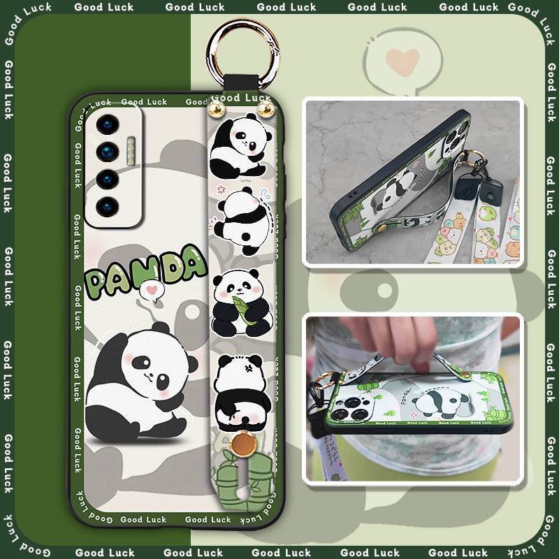 Fashion Design Cute Phone Case For Tecno Camon17P Phone Holder Cartoon Back Cover Shockproof Panda Silicone Ring Lanyard