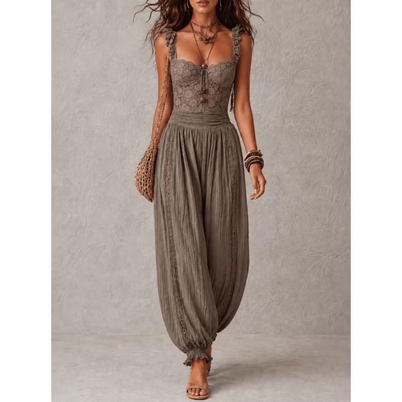 Womens Lace Trimmed Sleeveless Wide Leg Jumpsuit 2026 Boho Chic Romper In Gray Cream White Green Black Brown