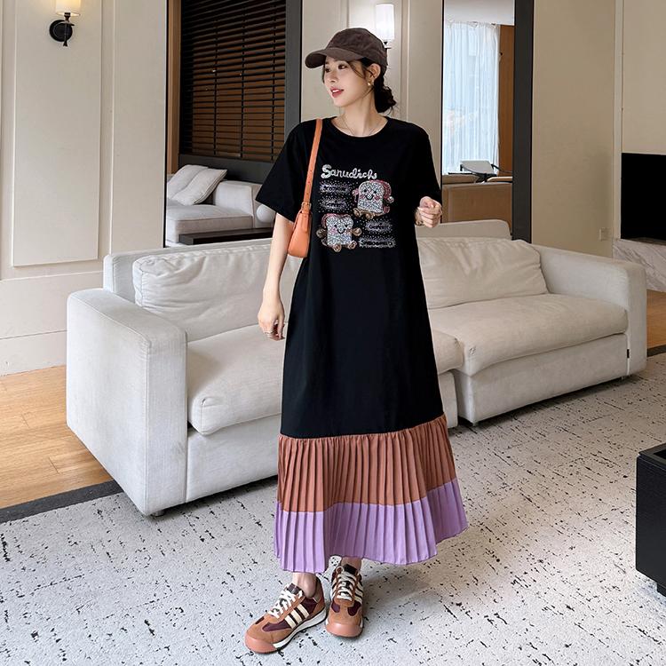 DIMANAF 2025 Sommer Übergröße Kleid Damen Gespleißtes Lässiges Vintage Plissee Kleid Basic Lockeres Langes Kleid