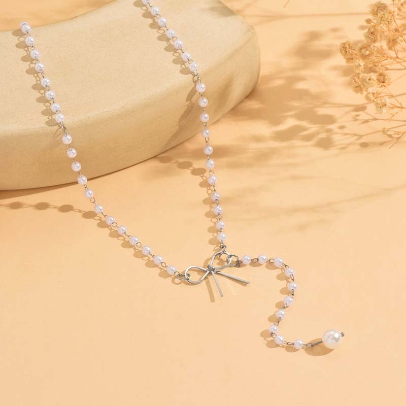 Vintage White Imitation Pearl Tassel Necklace for Women Fashion Gold Color Handmade Beaded Clavicle Chain Necklace Jewelry
